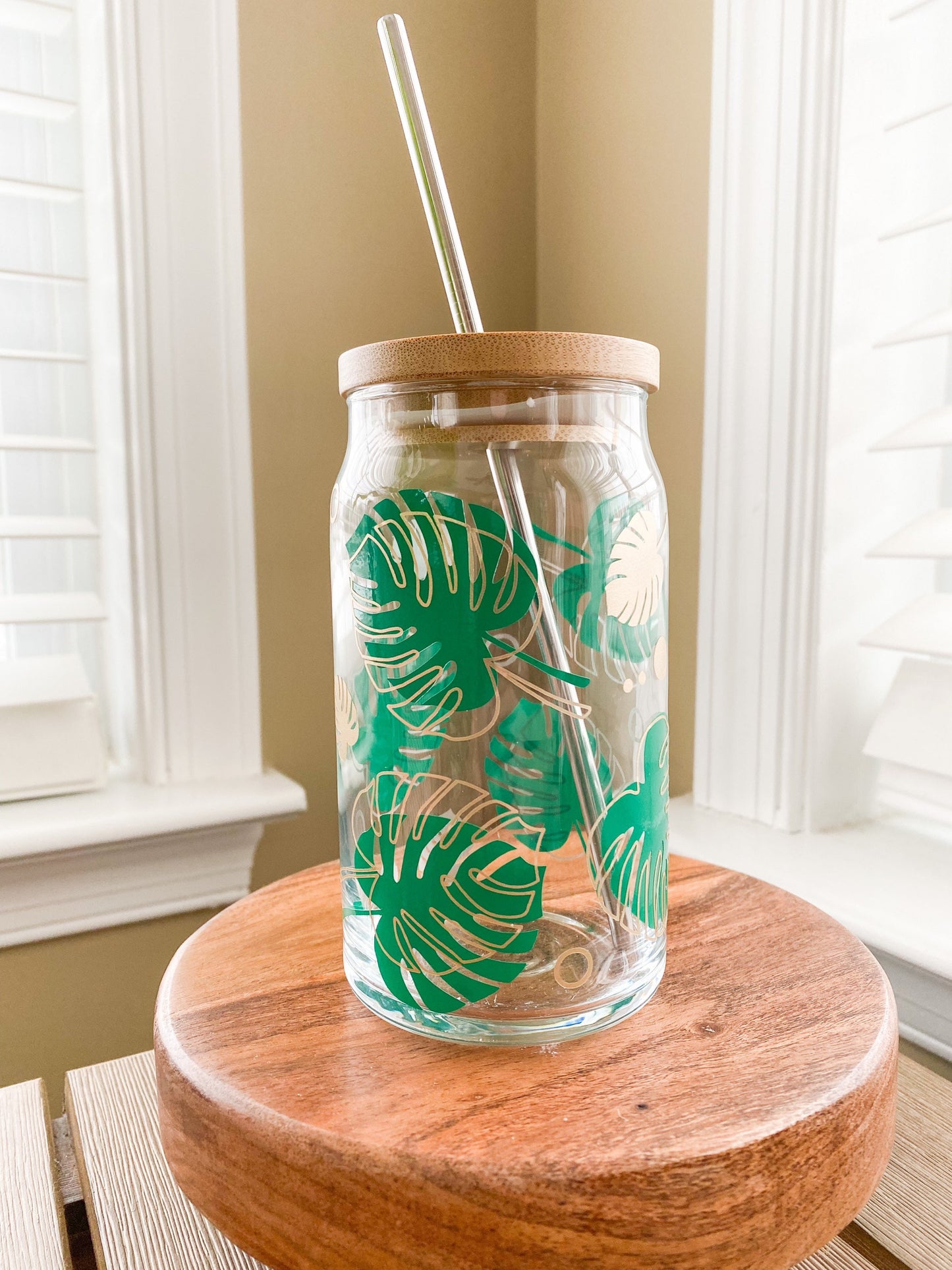 Tropical Leaves 16oz. or 20oz. Clear Beer Can Glass