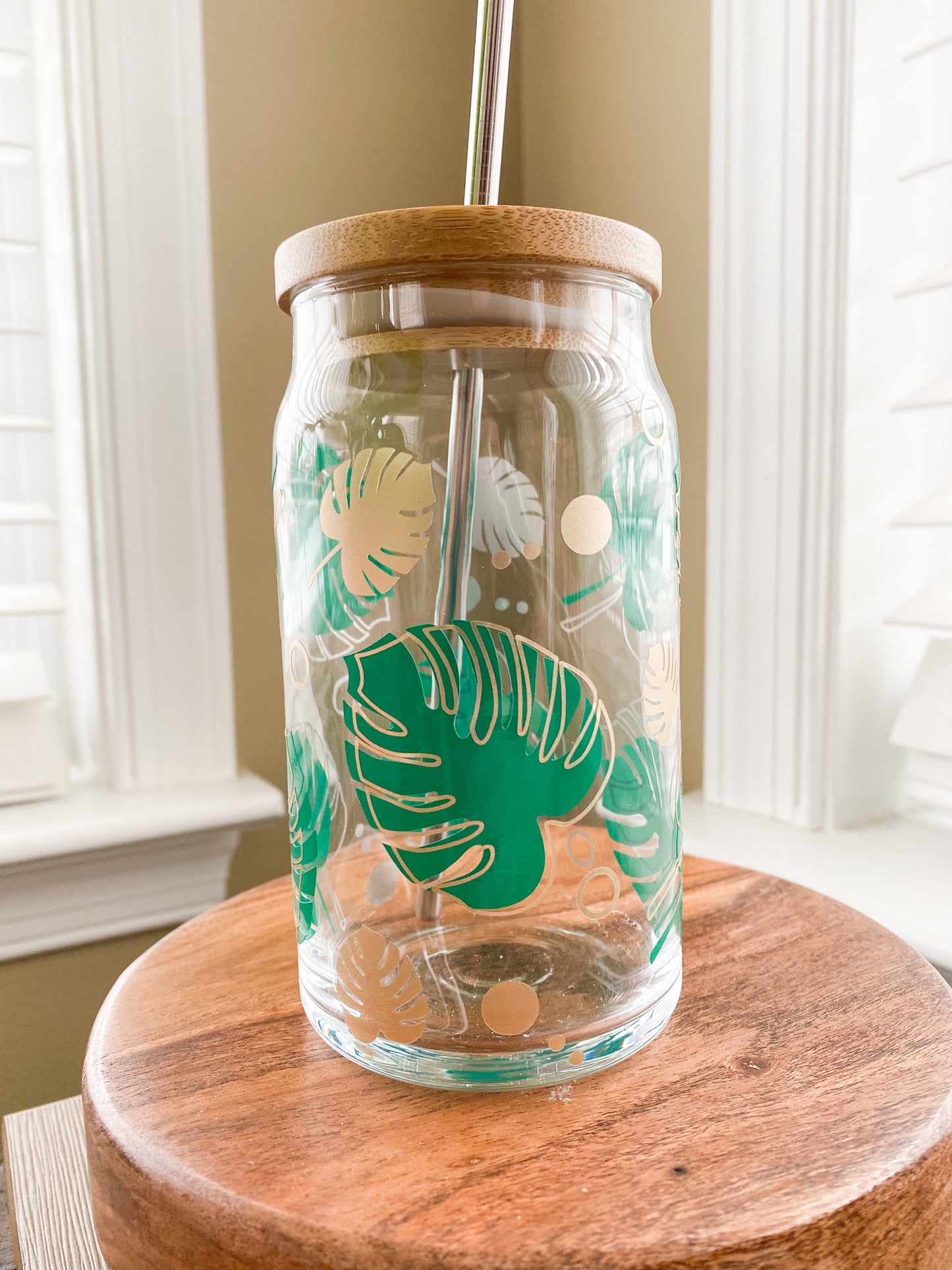 Tropical Leaves 16oz. or 20oz. Clear Beer Can Glass