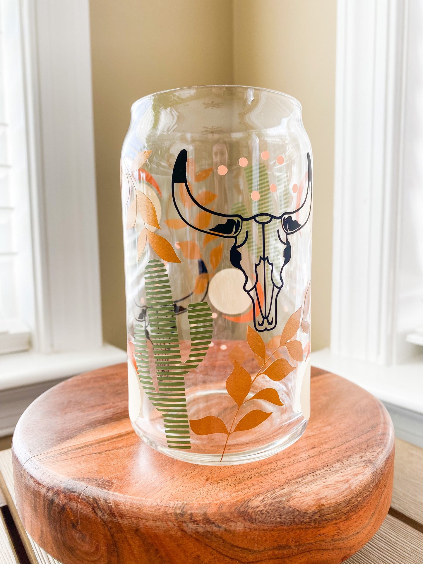 Western Desert Cactus Bull Skull 16 oz. or 20oz. Clear Beer Can Glass