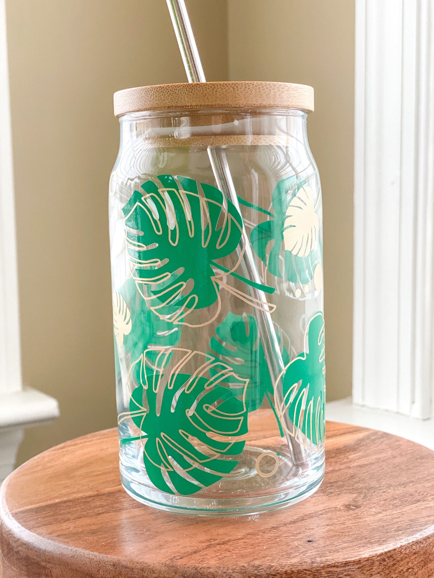 Tropical Leaves 16oz. or 20oz. Clear Beer Can Glass