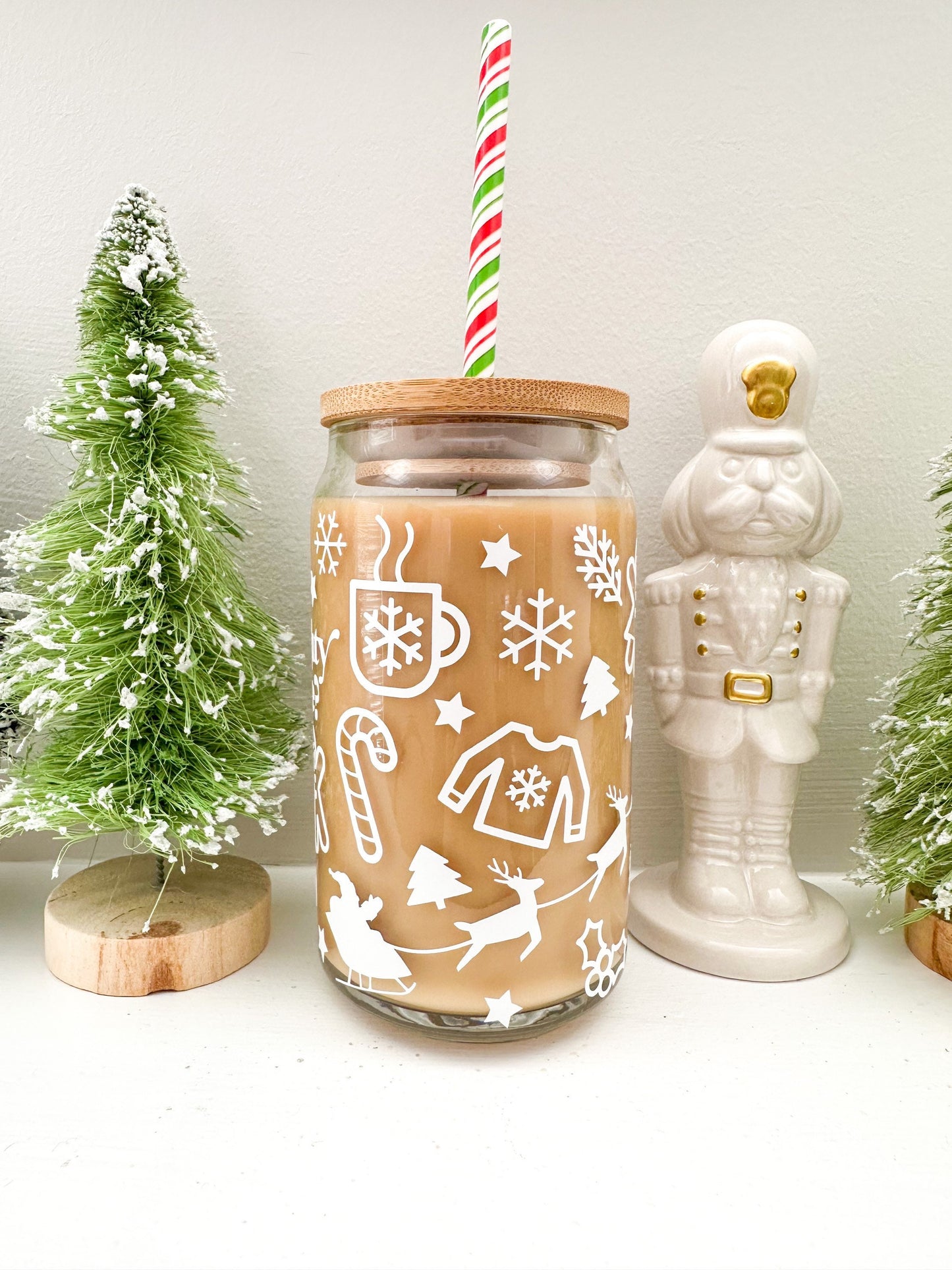 Christmas Doodles Coffee Glass, Christmas Beer Can Glass, Christmas Coffee Glass, Holiday Beer Can Glass, Christmas Iced Coffee Cup