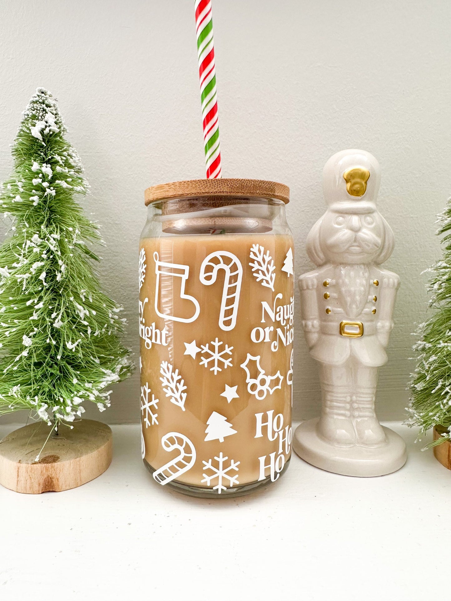 Christmas Doodles Coffee Glass, Christmas Beer Can Glass, Christmas Coffee Glass, Holiday Beer Can Glass, Christmas Iced Coffee Cup