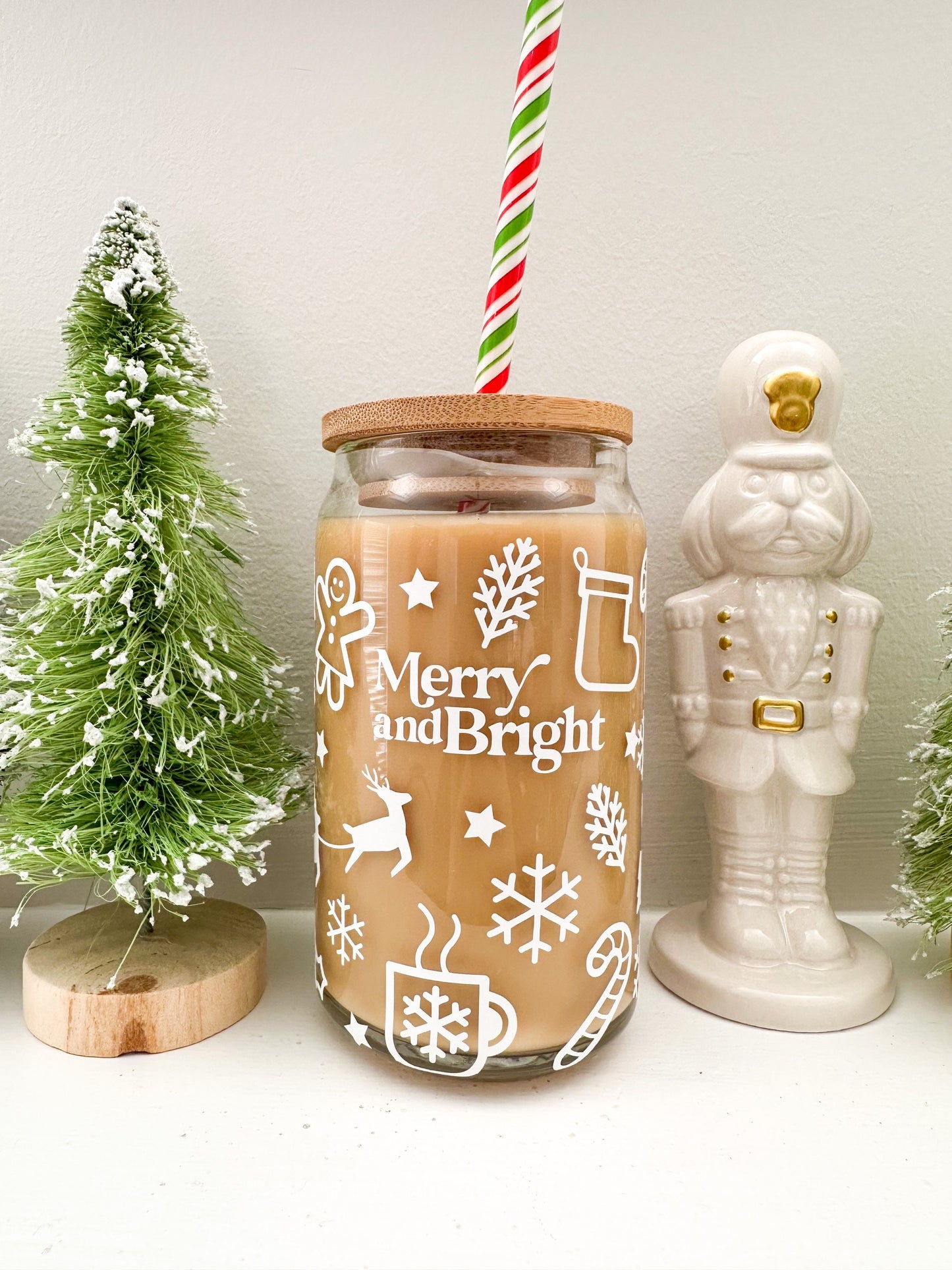 Christmas Doodles Coffee Glass, Christmas Beer Can Glass, Christmas Coffee Glass, Holiday Beer Can Glass, Christmas Iced Coffee Cup