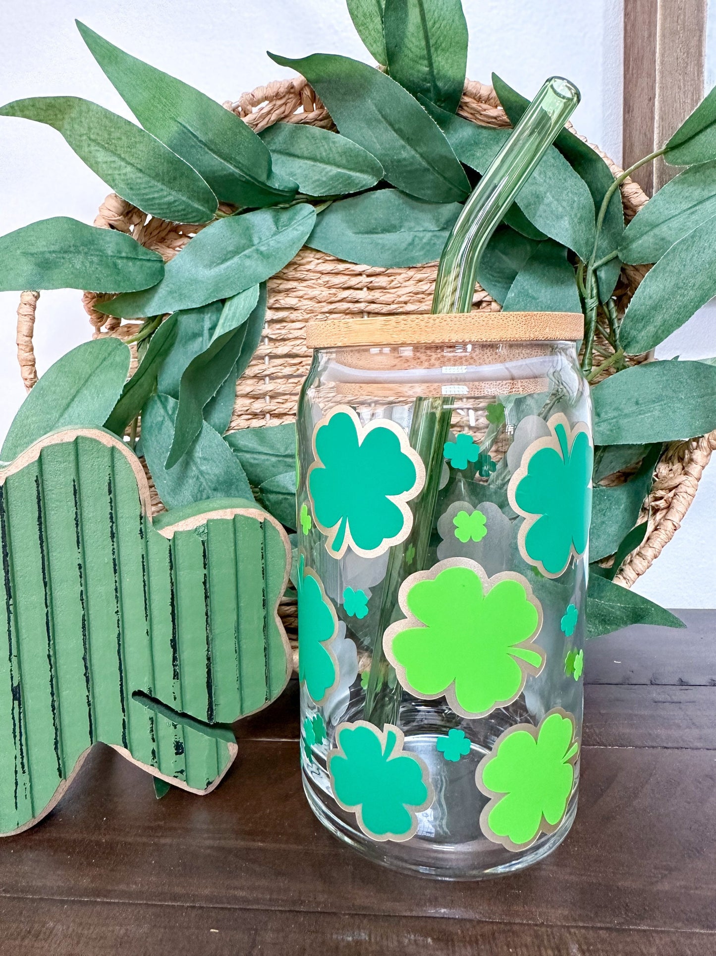 Four Leaf Clover Beer Can Glass, Clover Glass, St. Patrick's Day Glass Cup, Iced Coffee Glass, Iced Coffee Cup, Clover Cup, St Patricks Gift