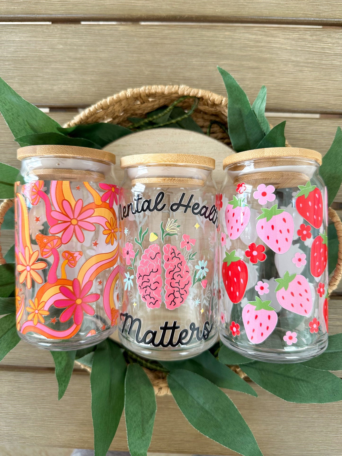 Strawberry Floral Beer Can Glass, Daisies Coffee Glass, Strawberries Glass, Strawberry Floral Cup, Floral Fruit Iced Coffee Glass