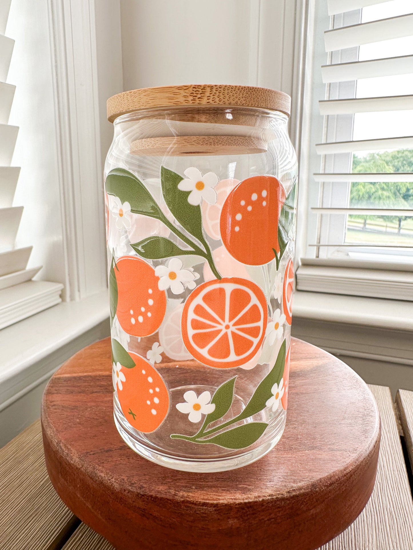 Orange Blossom Beer Can Glass, Oranges Glass Cup, Oranges Glassware, Fruit Beer Can Glass, Summer Iced Coffee Glass, Orange Glass Can