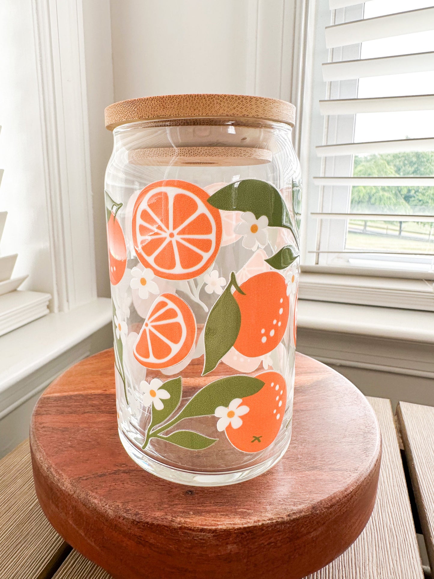 Orange Blossom Beer Can Glass, Oranges Glass Cup, Oranges Glassware, Fruit Beer Can Glass, Summer Iced Coffee Glass, Orange Glass Can