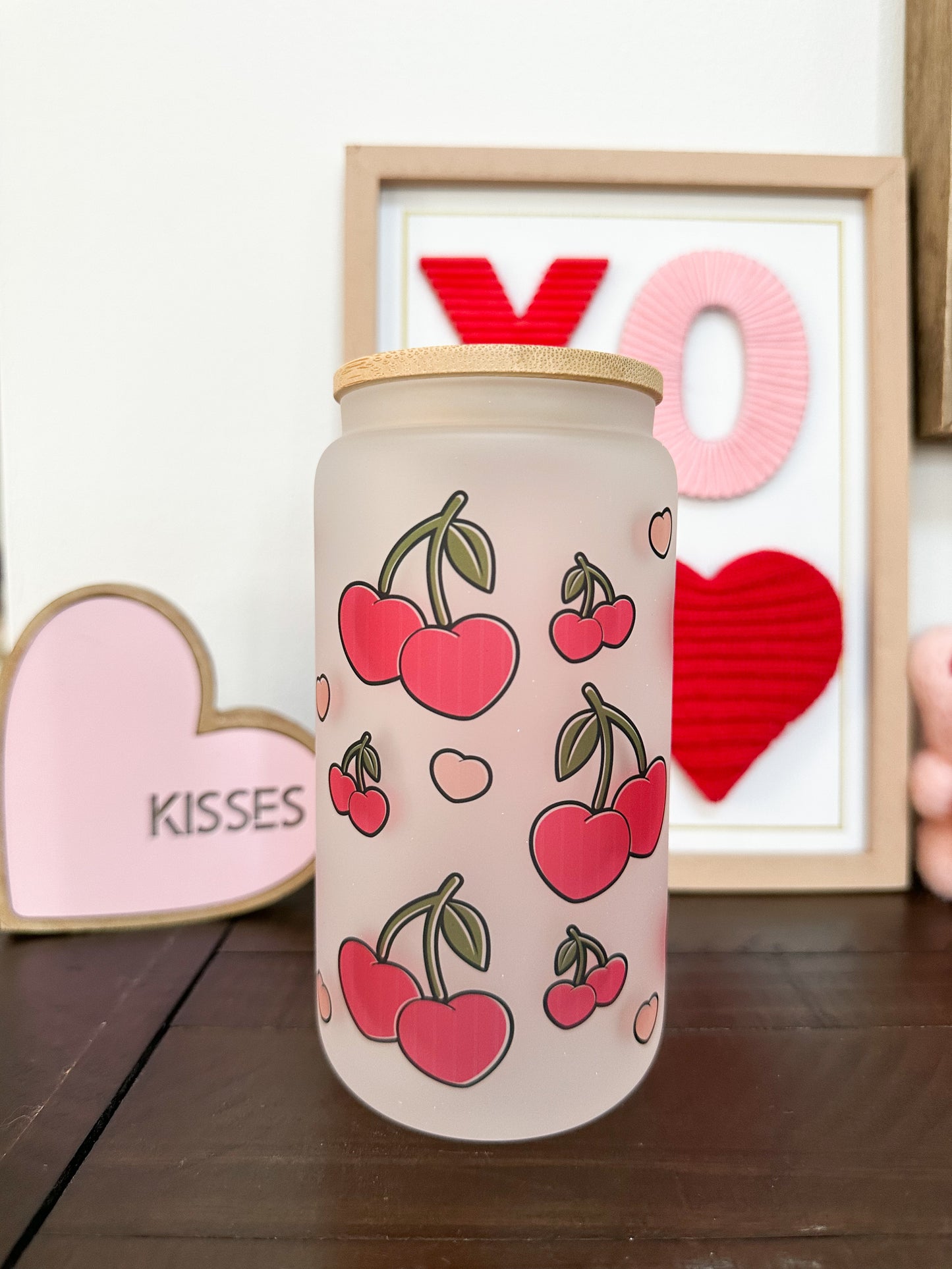 Cherry Hearts Glass, Iced Coffee Glass, Iced Coffee Cup, Cherry Hearts Cup, Cherry Hearts Beer Can Glass, Valentines Day Glass