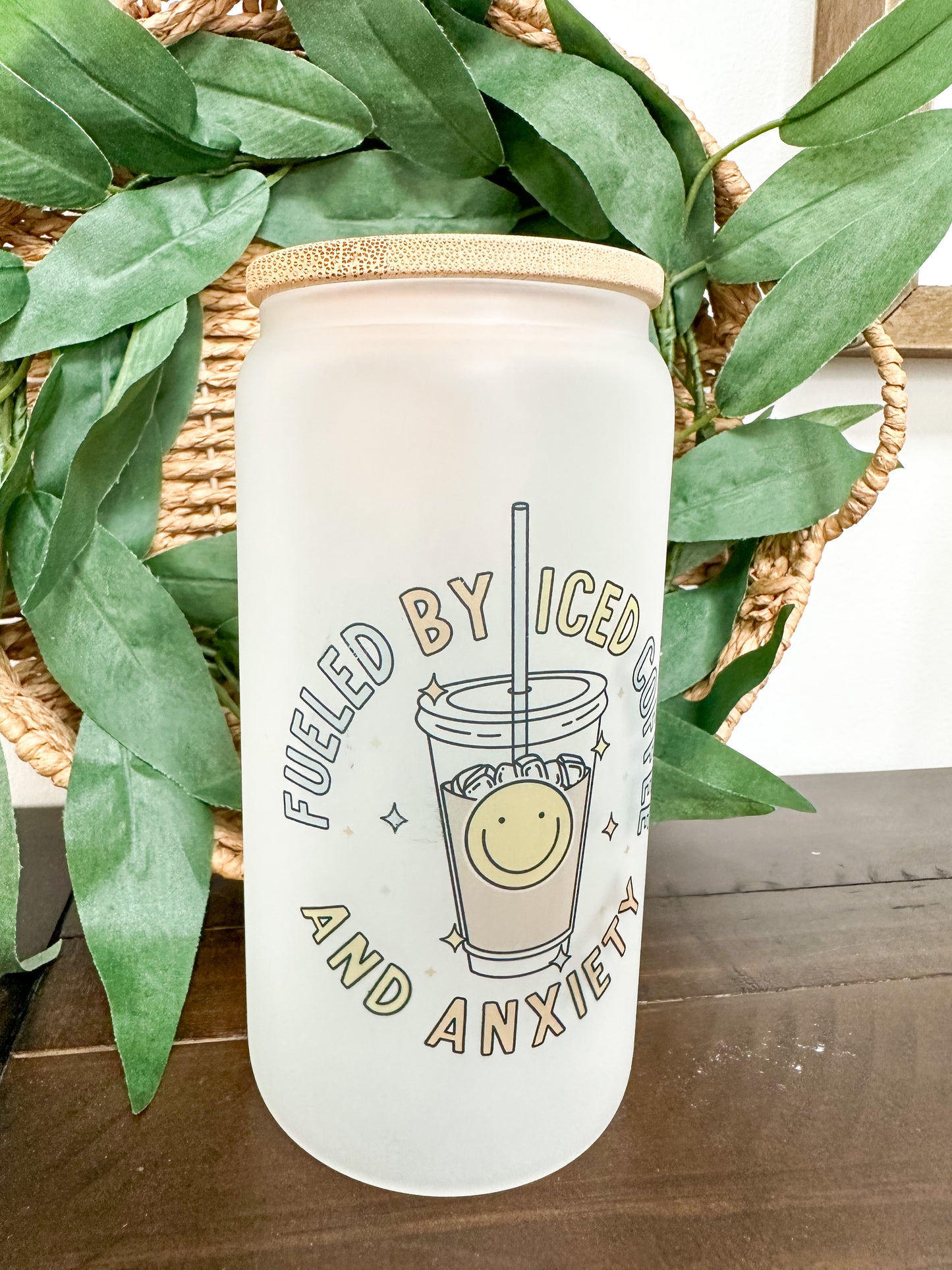 Fueled by Iced Coffee and Anxiety 16 oz. or 20 oz. Clear or Frosted Beer Can Glass