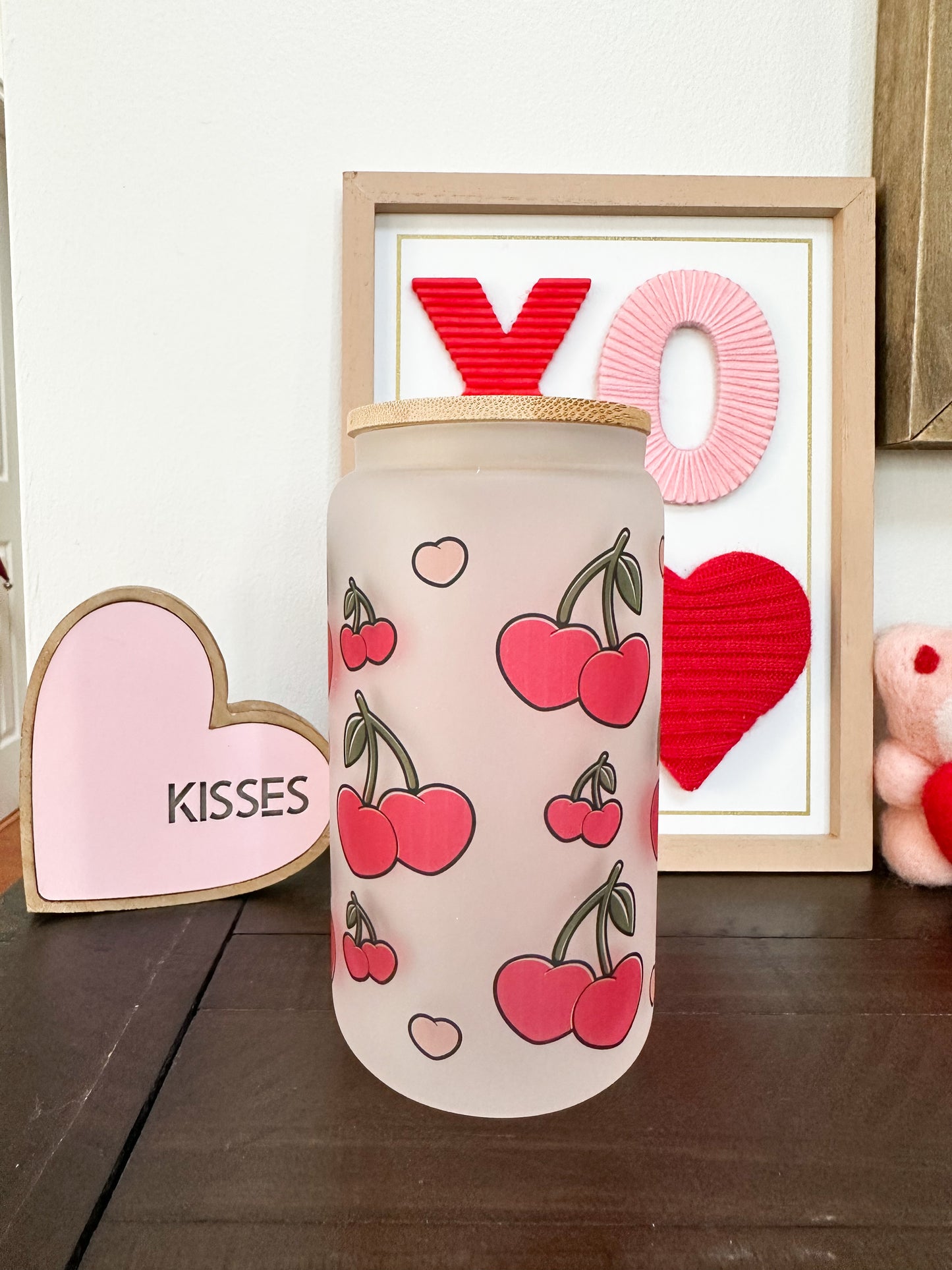 Cherry Hearts Glass, Iced Coffee Glass, Iced Coffee Cup, Cherry Hearts Cup, Cherry Hearts Beer Can Glass, Valentines Day Glass