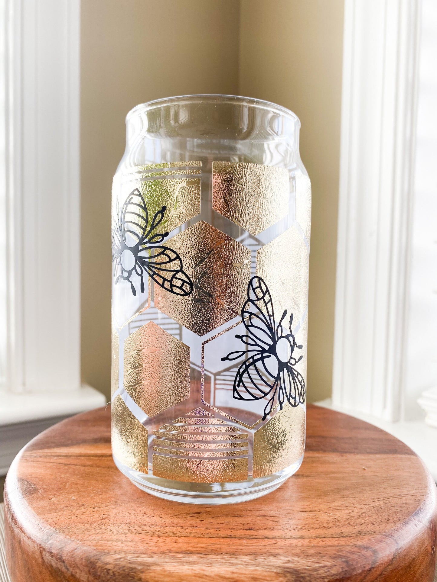 Bee Hive Beer Can Glass, Bee Beer Can Glass, Bee Coffee Glass, Iced Coffee Cup, Iced Coffee Glass, Coffee Glass, Coffee Cup