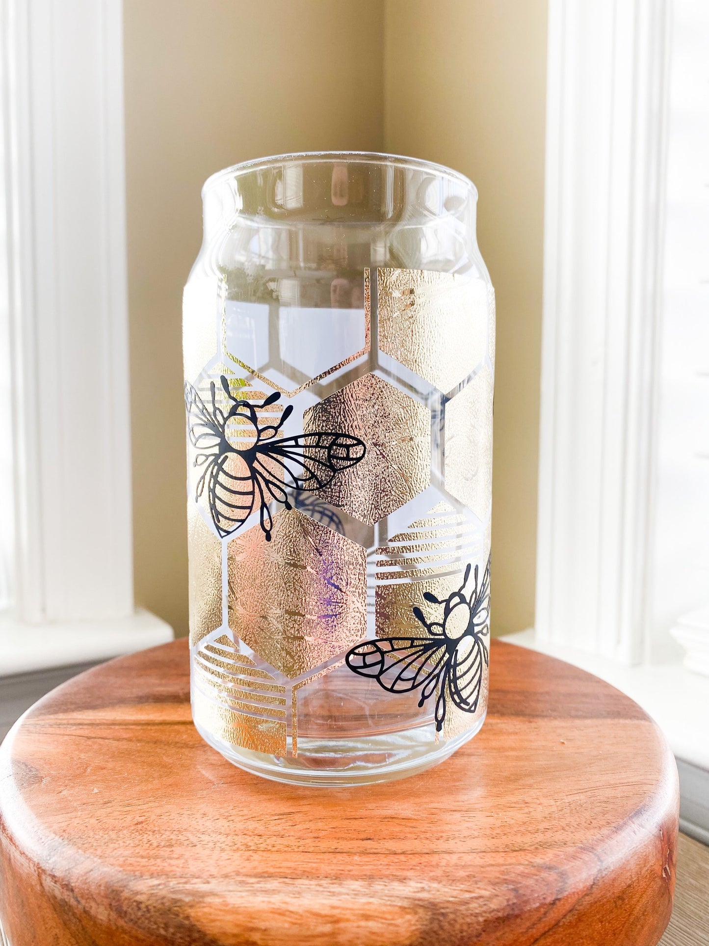 Bee Hive Beer Can Glass, Bee Beer Can Glass, Bee Coffee Glass, Iced Coffee Cup, Iced Coffee Glass, Coffee Glass, Coffee Cup