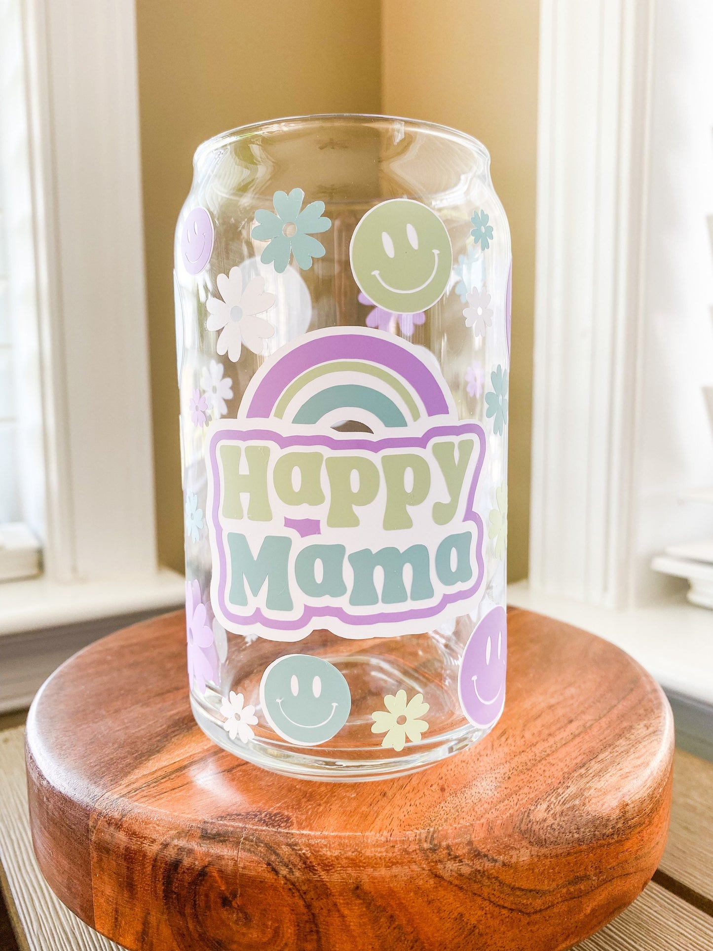 Happy Mama Rainbow Daisies 16 oz. or 20 oz. Clear Beer Can Glass