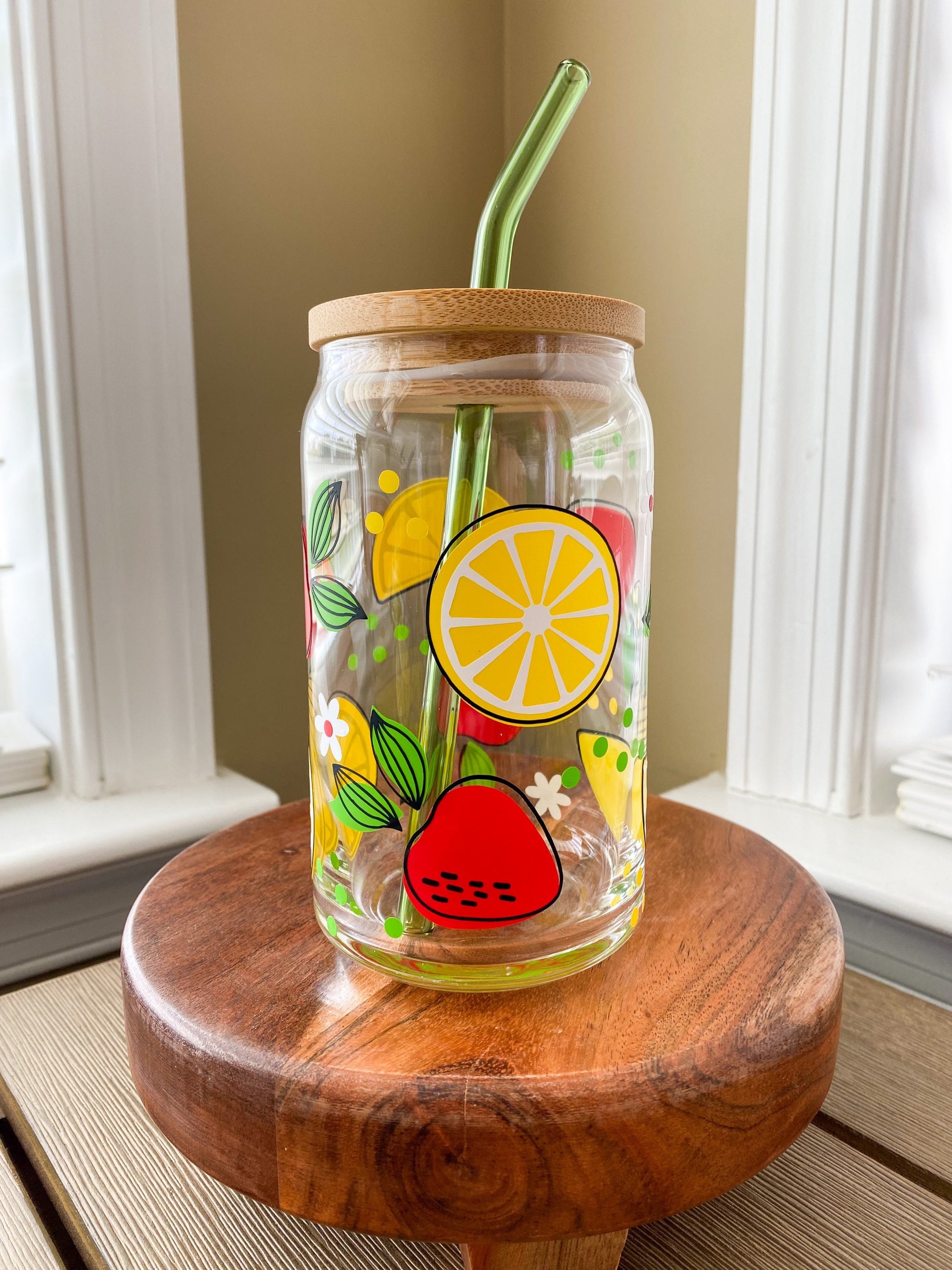 Lemon 16oz Glass Cup with Bamboo Lid