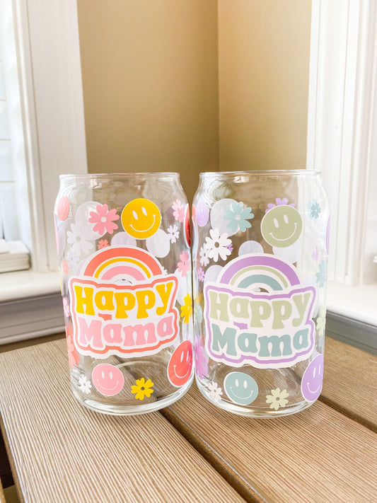 Happy Mama Rainbow Daisies 16 oz. or 20 oz. Clear Beer Can Glass