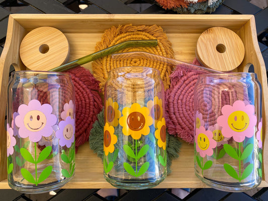 Retro Flowers 16 oz. or 20 oz Clear Beer Can Glass