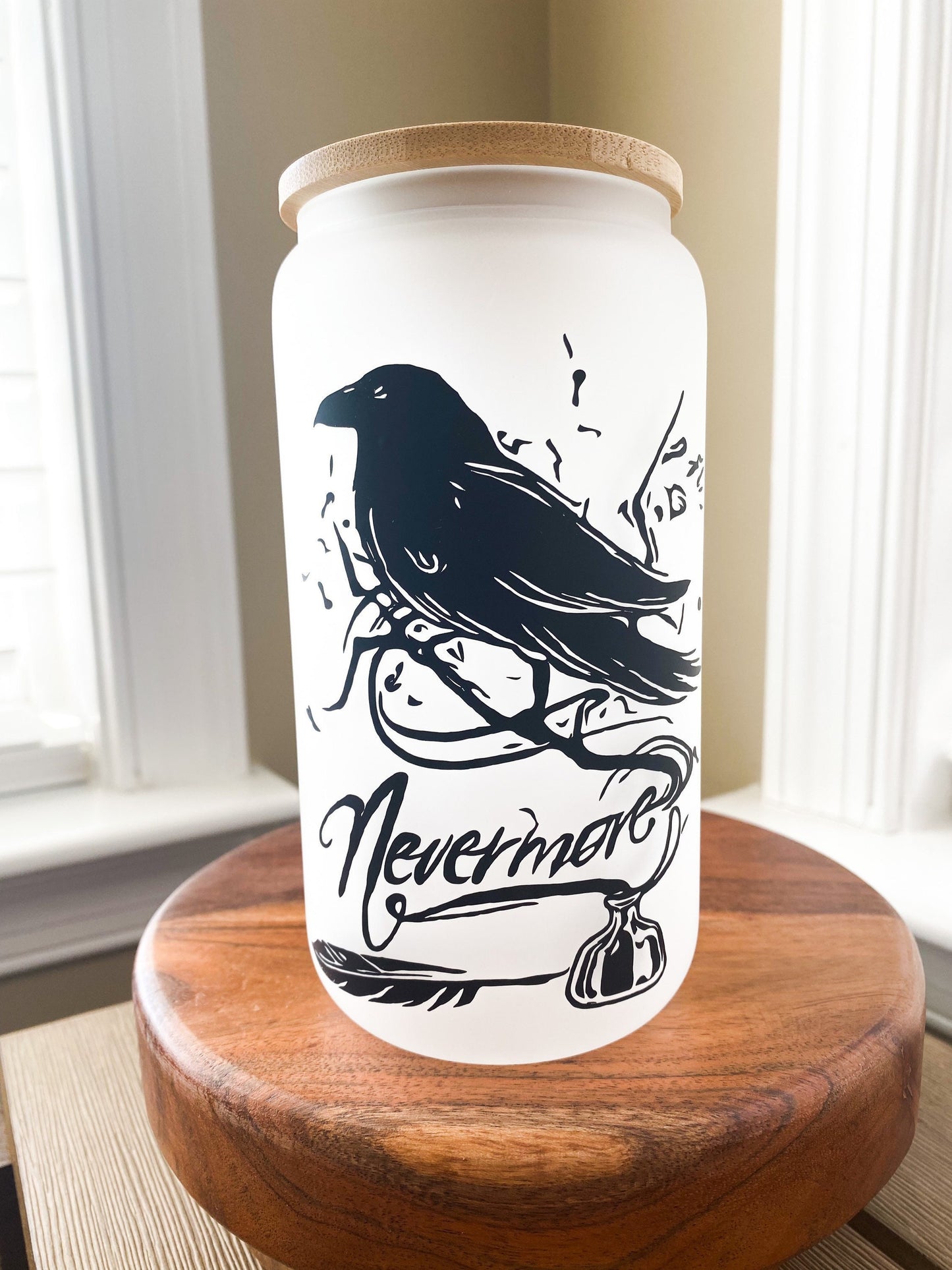 Nevermore Raven Beer Can Glass, Iced Coffee Glass, Iced Coffee Cup, Glass Coffee Cup, Edgar Allen Poe Glass