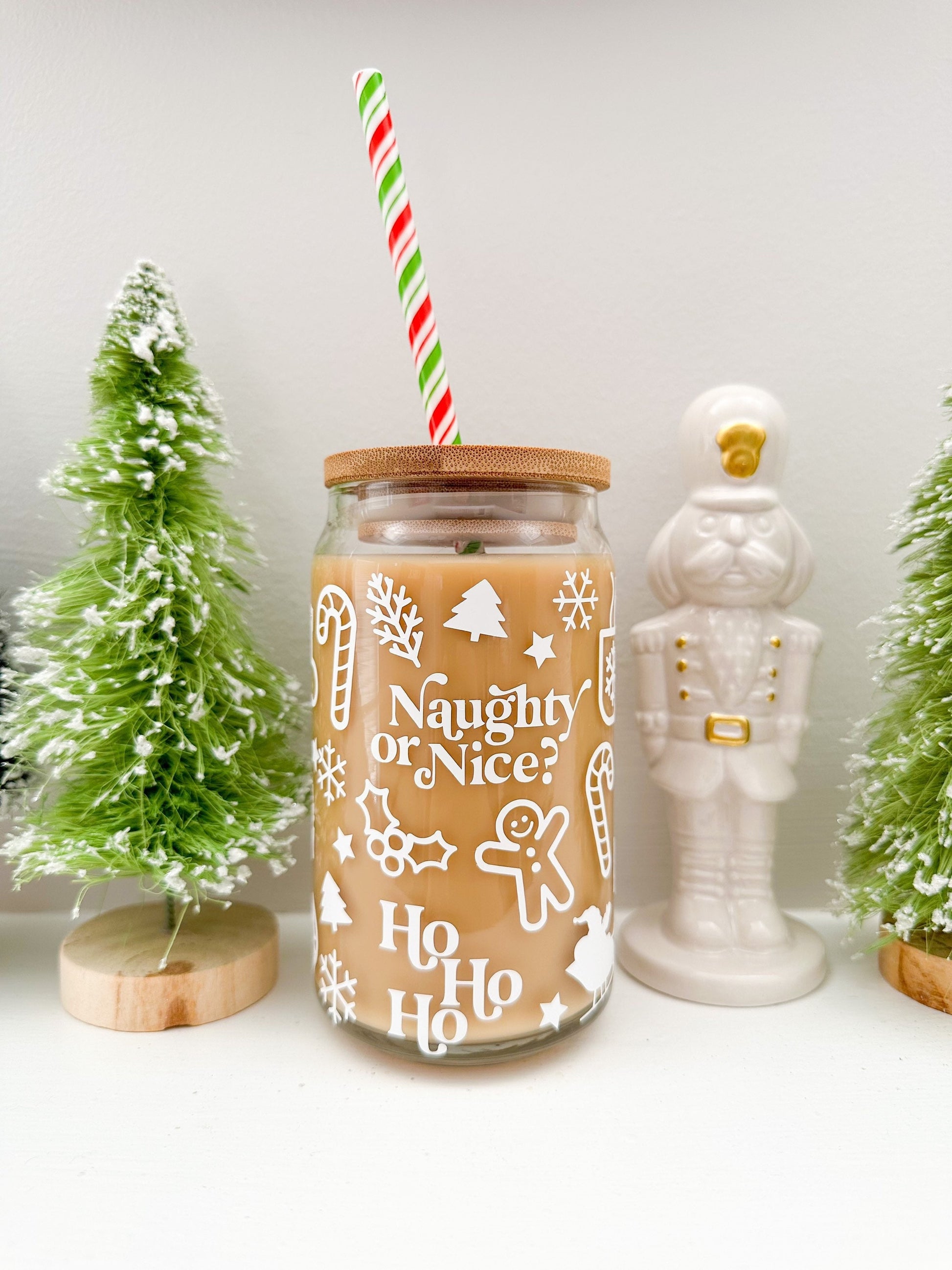 CHRISTMAS Theme With STRAW LID Iced Coffee Glass Can Vinyl 