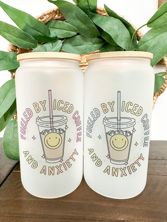 Fueled by Iced Coffee and Anxiety Glass, Iced Coffee Glass, Iced Coffee Cup, Glass Coffee Cup, Gift Ideas for Women, Gifts for Her