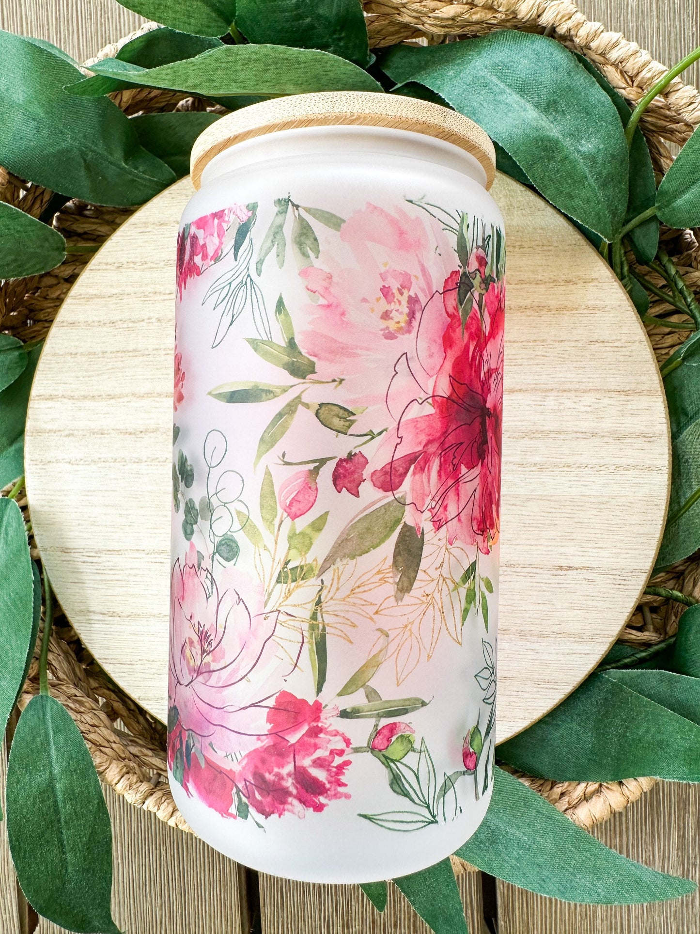 Pink Floral Beer Can Glass, Pink Floral Glass Cup, Pink Floral Coffee Glass, Smoothie Glass, Flower Iced Coffee Glass, Flower Glass Cup