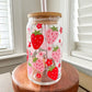 Strawberry Floral Beer Can Glass, Daisies Coffee Glass, Strawberries Glass, Strawberry Floral Cup, Floral Fruit Iced Coffee Glass