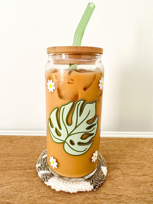 Monstera Glass, Monstera Glass Tumbler, Monstera Glass Cup, Monstera Coffee Glass, Boho Iced Coffee Glass, Plant Lover Iced Coffee Glass