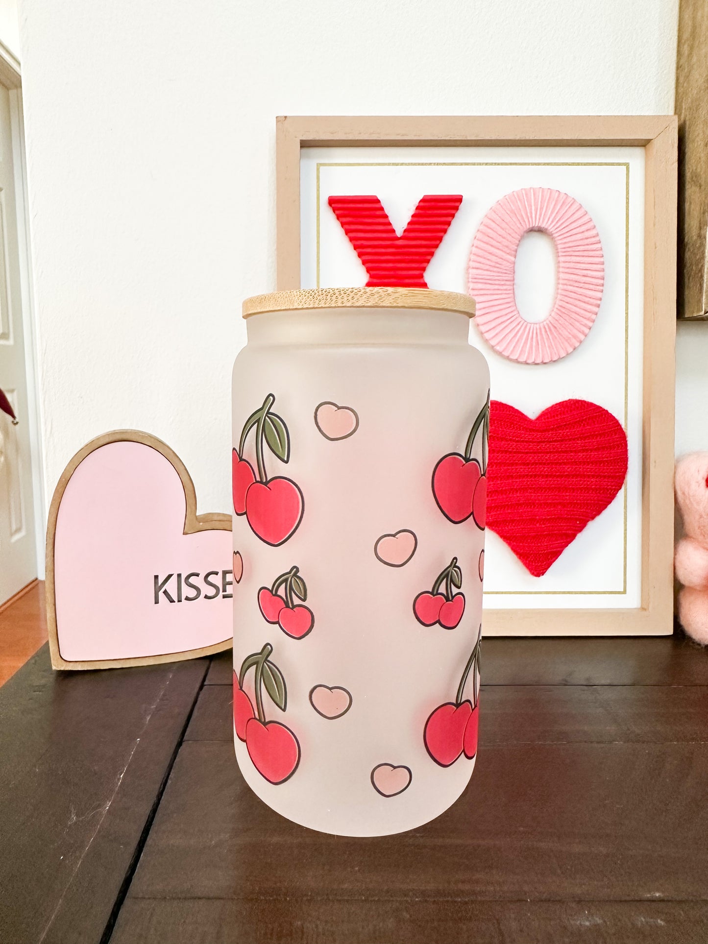 Cherry Hearts Glass, Iced Coffee Glass, Iced Coffee Cup, Cherry Hearts Cup, Cherry Hearts Beer Can Glass, Valentines Day Glass